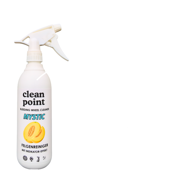 Der Clean Point Felgenreiniger mit Indikator-Effekt wird auf eine stark verschmutzte Felge aufgesprüht. Der Bremsstaub verfärbt sich von Türkis zu Rot und wird anschließend gründlich mit Wasser abgespült. Zum Schluss wird die Felge mit einem Mikrofasertuch für ein sauberes, glänzendes Finish trocken gewischt.