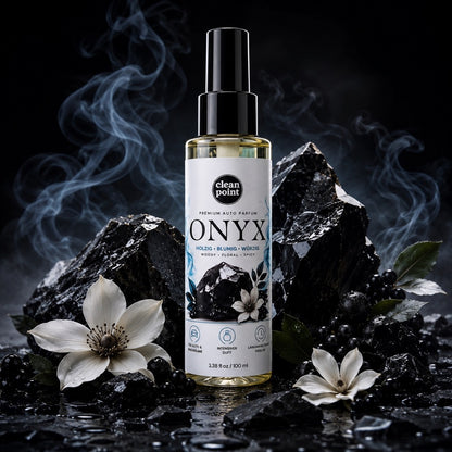 ONYX Premium Auto Parfum mit Onyx-Steinen und weißen Blüten in luxuriöser Produktinszenierung