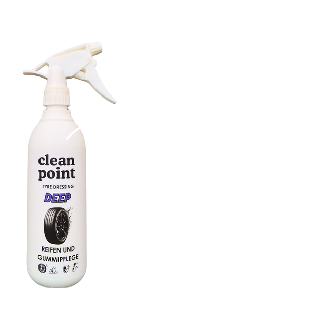 Der Clean Point Reifenglanz wird mit einem Applikator gleichmäßig auf einen sauberen Reifen aufgetragen. Das Ergebnis ist ein tiefschwarzes, gepflegtes Finish mit wasserabweisendem Effekt, UV-Schutz und langanhaltender Pflege.