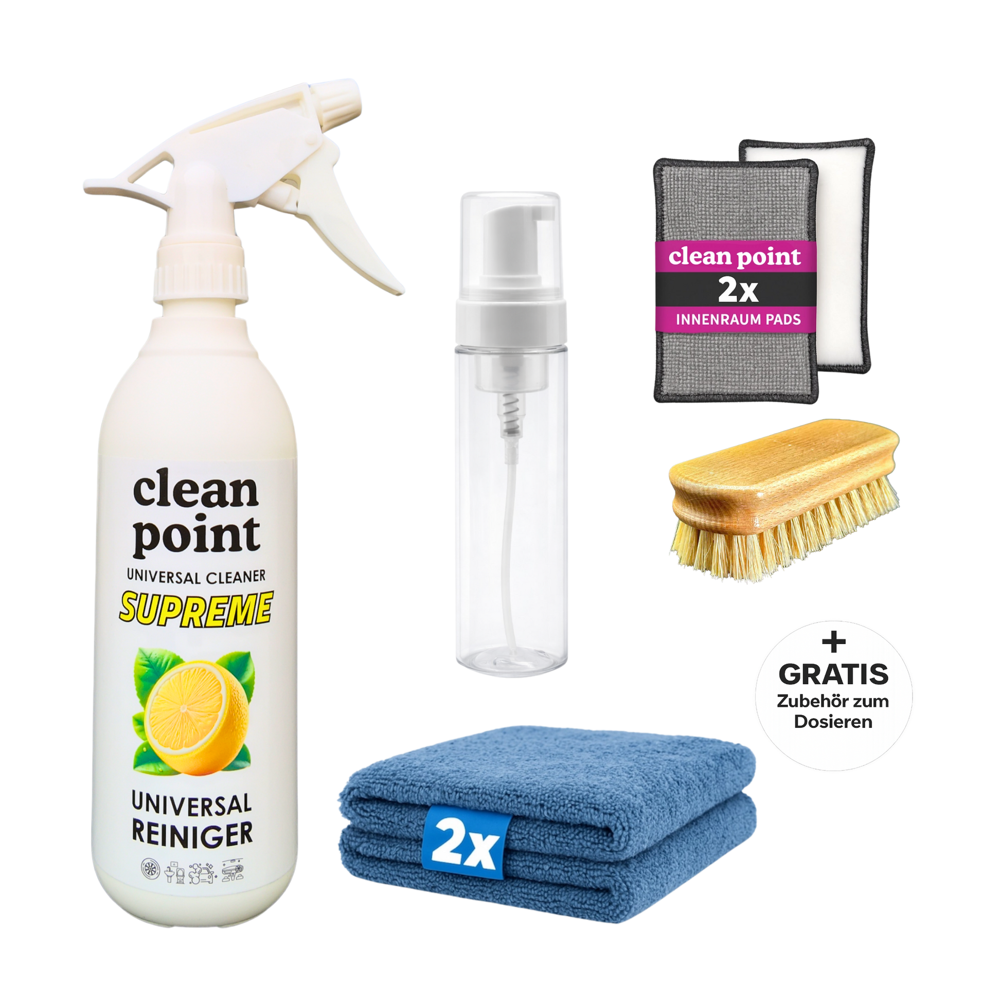 Clean Point Universal Set Plus mit Universalreiniger Konzentrat 500 ml für Fahrzeugaufbereiter, 2 Mikrofasertüchern, 2 Scrubpads, Schaumflasche und Bürste