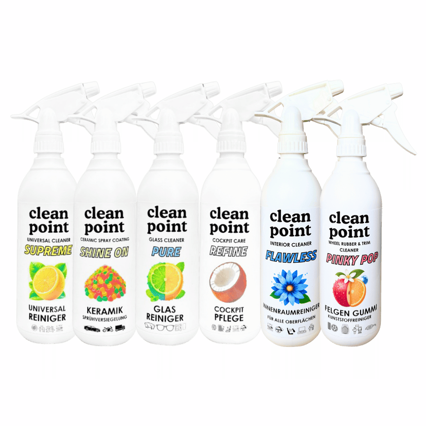 Übersicht der CleanPoint Autopflege Produkte für Innenraum, Lackschutz, Glasreinigung und Fahrzeugpflege