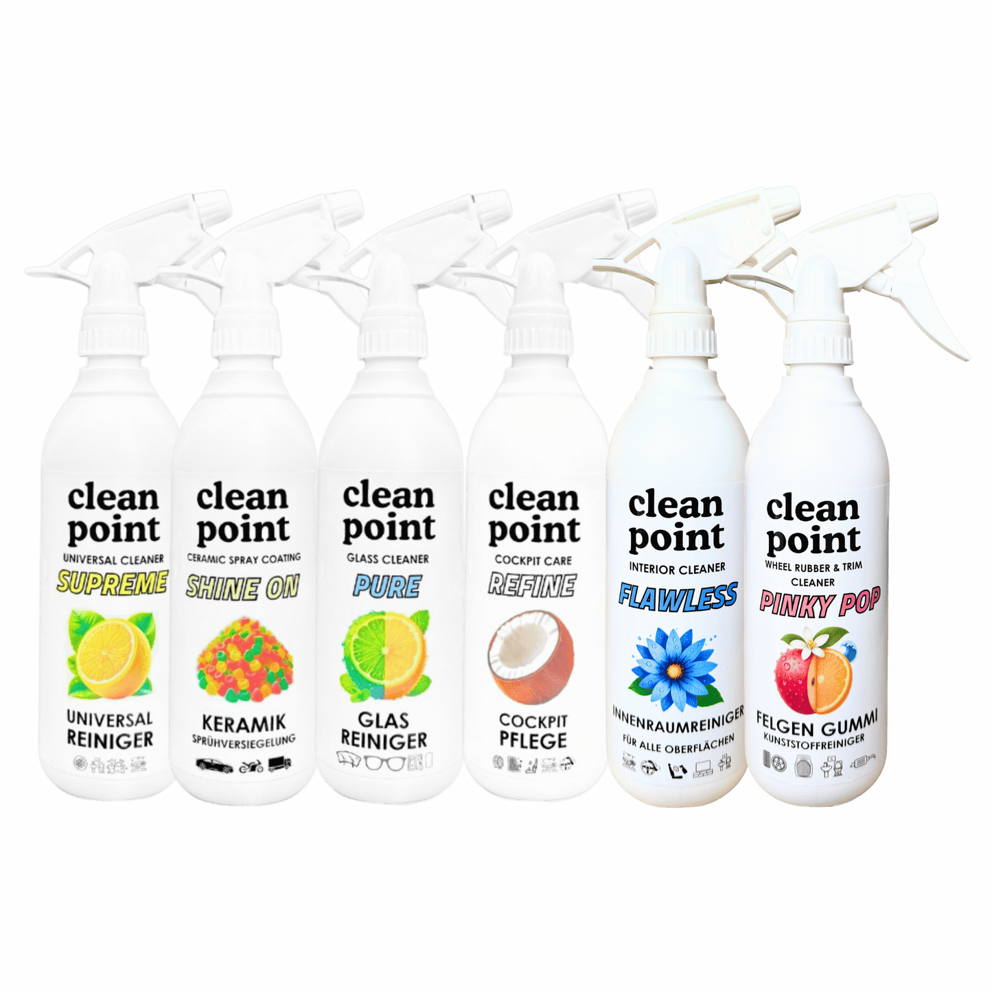 Übersicht der CleanPoint Autopflege Produkte für Innenraum, Lackschutz, Glasreinigung und Fahrzeugpflege