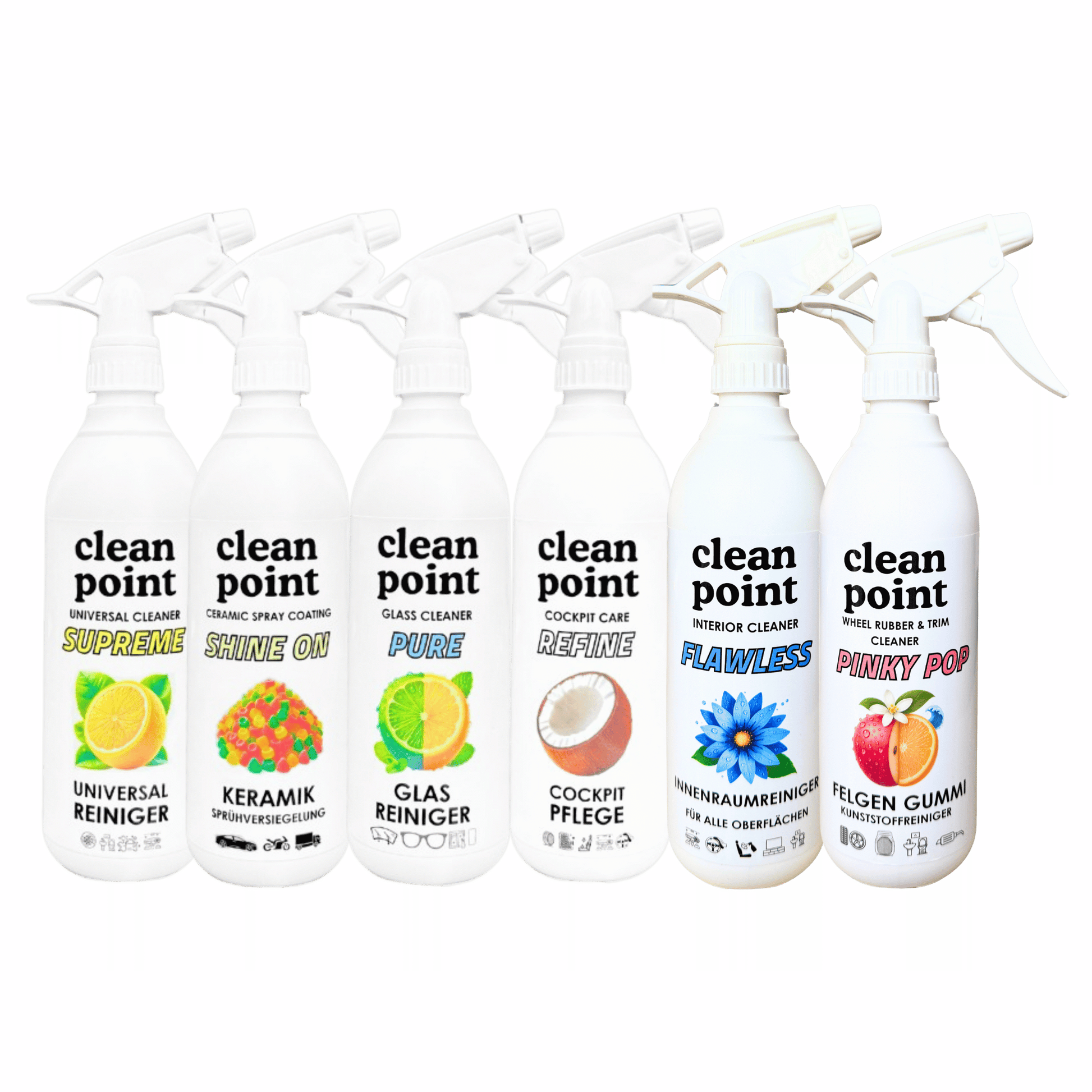 Übersicht der CleanPoint Autopflege Produkte für Innenraum, Lackschutz, Glasreinigung und Fahrzeugpflege