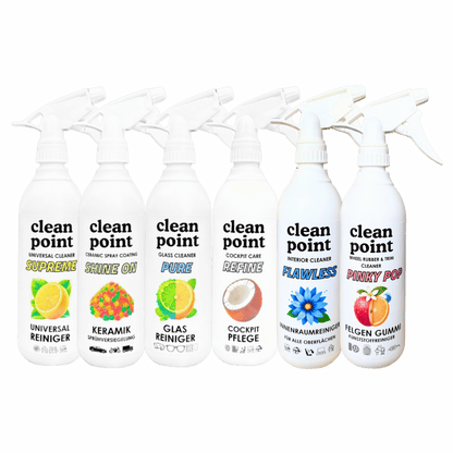 Übersicht der CleanPoint Autopflege Produkte für Innenraum, Lackschutz, Glasreinigung und Fahrzeugpflege