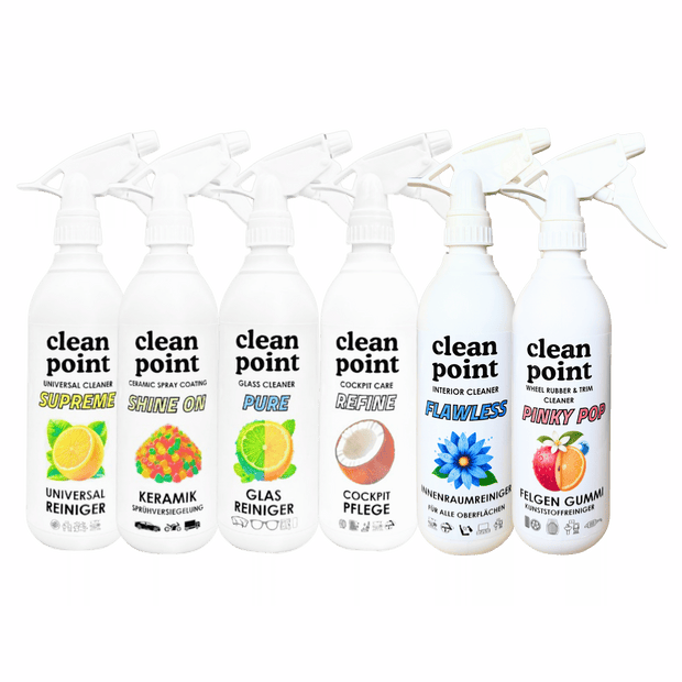 Übersicht der CleanPoint Autopflege Produkte für Innenraum, Lackschutz, Glasreinigung und Fahrzeugpflege
