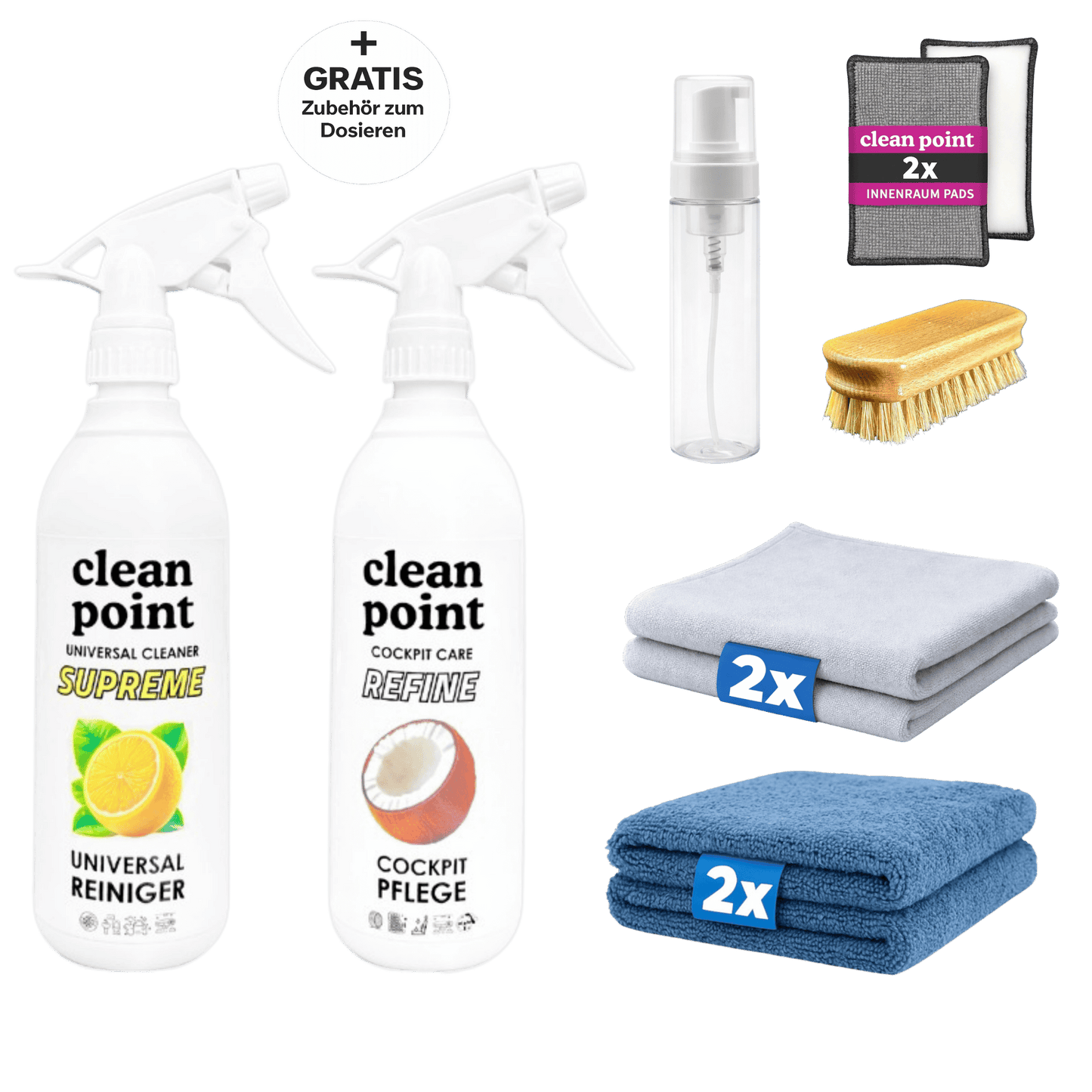 CleanPoint Innenraum Komplett Set mit Universalreiniger, Cockpitpflege, Mikrofasertüchern und Zubehör zur Fahrzeug Innenreinigung