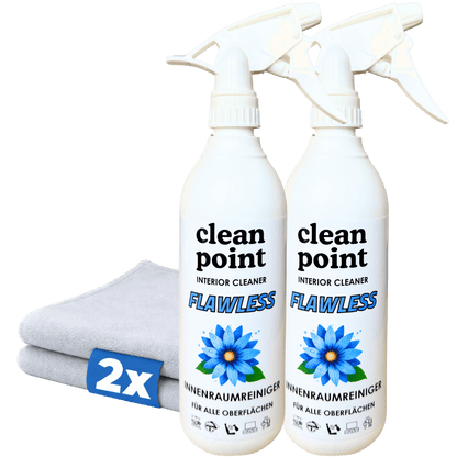Innenraumreiniger Set Plus mit zwei CleanPoint Flawless 500 ml Flaschen und 2 Mikrofasertüchern