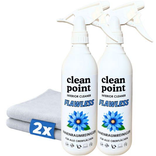 Innenraumreiniger Set Plus mit zwei CleanPoint Flawless 500 ml Flaschen und 2 Mikrofasertüchern