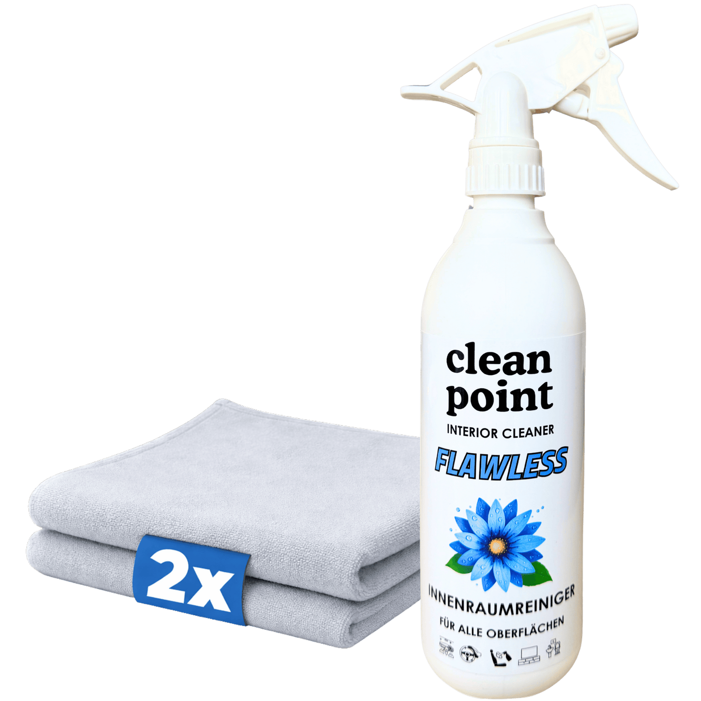 Innenraumreiniger Set mit CleanPoint Flawless 500 ml und 2 Mikrofasertüchern für Kunststoff, Leder und Innenraumreinigung