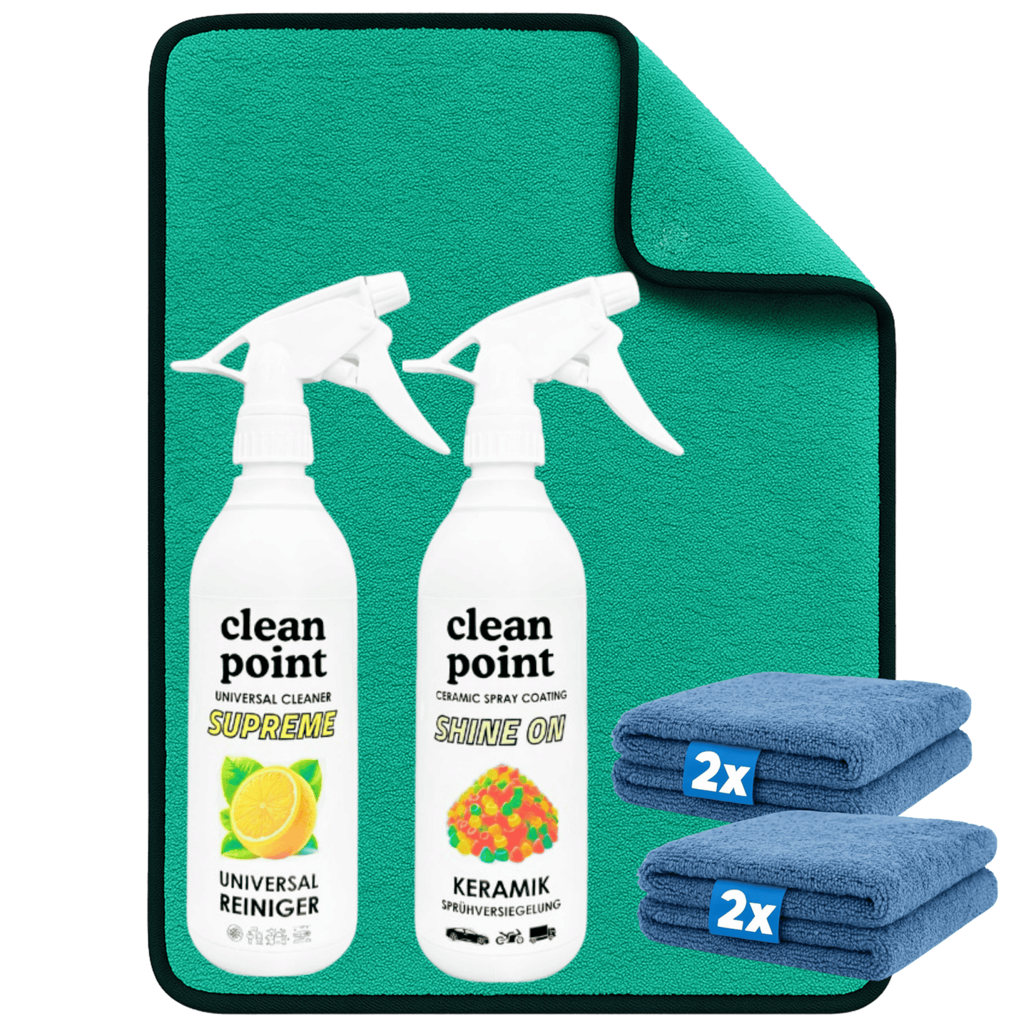 CleanPoint Keramik Schutz Set mit Universalreiniger, Shine On Sprühversiegelung und Mikrofasertüchern für Autopflege