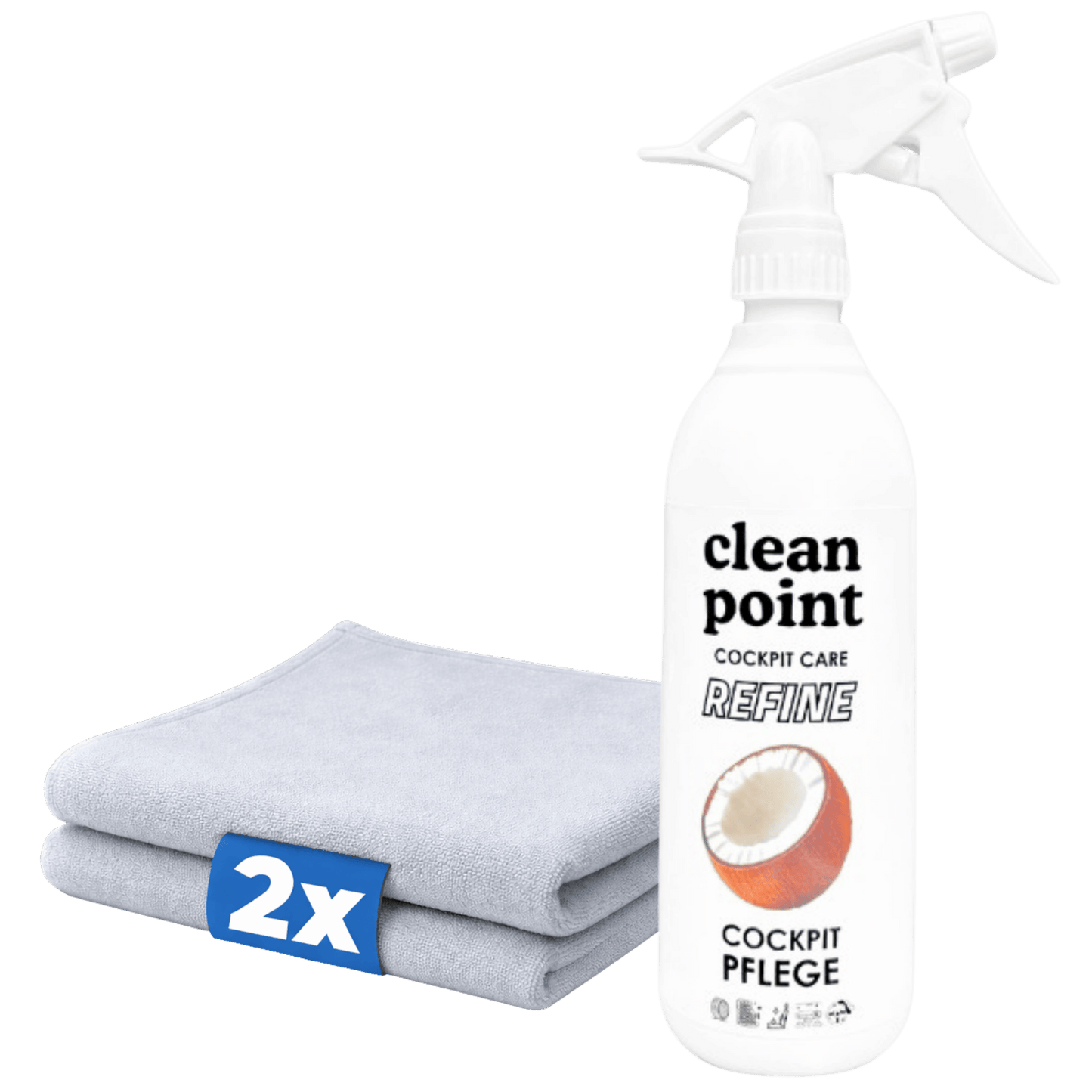 Cockpit Pflege Set mit Innenraumreiniger und 2 Mikrofasertüchern für Kunststoff, Armaturen und Fahrzeugpflege