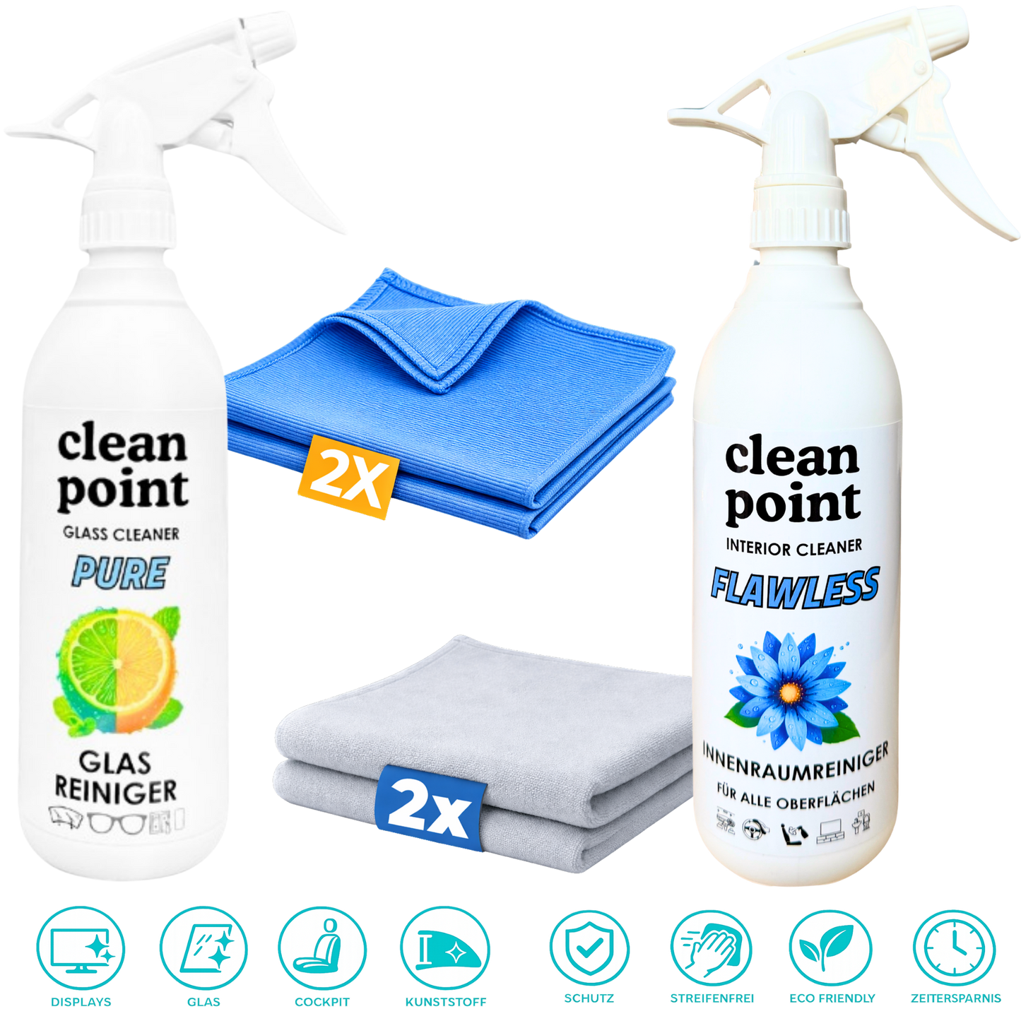 Auto Innenraum und Glas Set streifenfrei mit Mikrofasertüchern CleanPoint