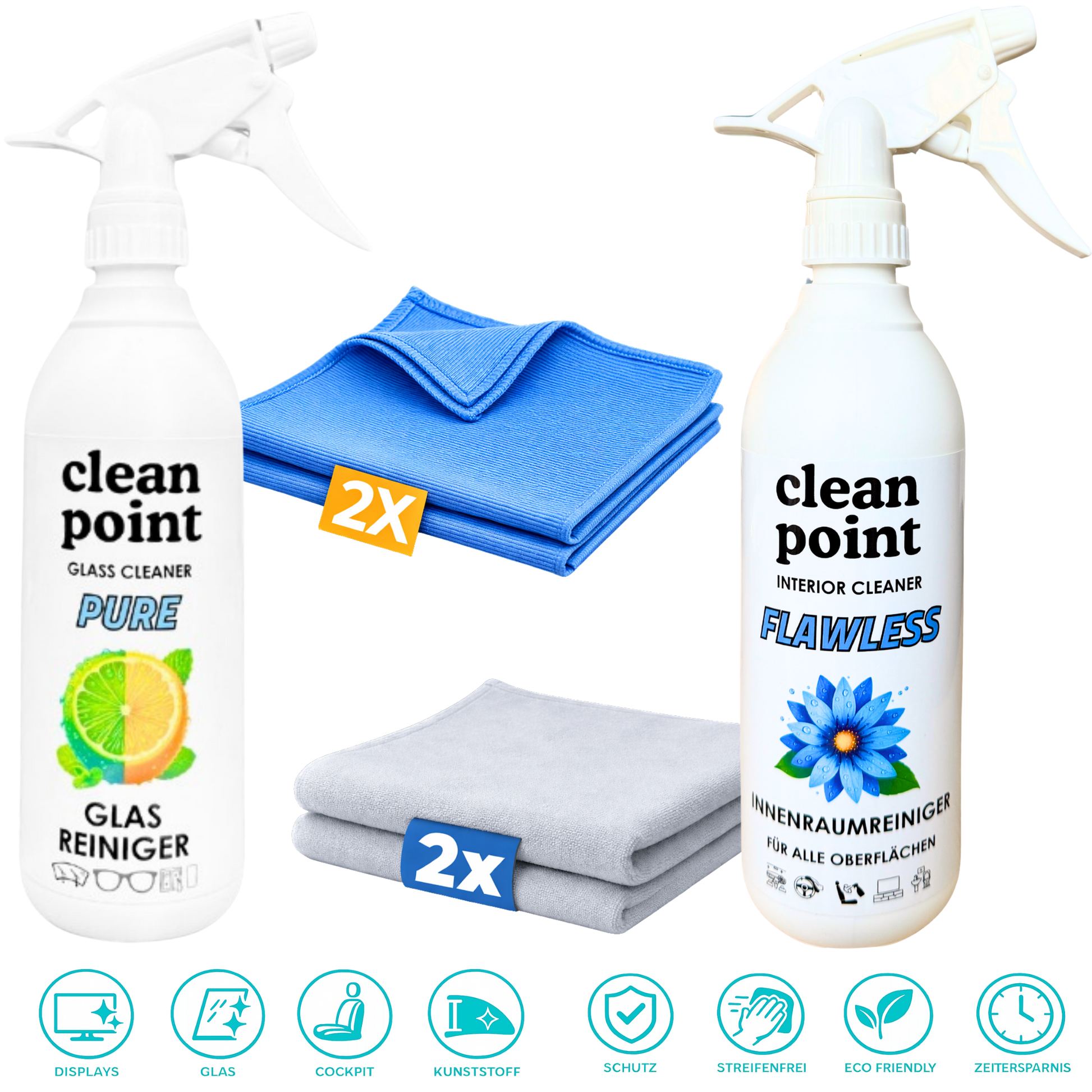 Auto Innenraum und Glas Set streifenfrei mit Mikrofasertüchern CleanPoint